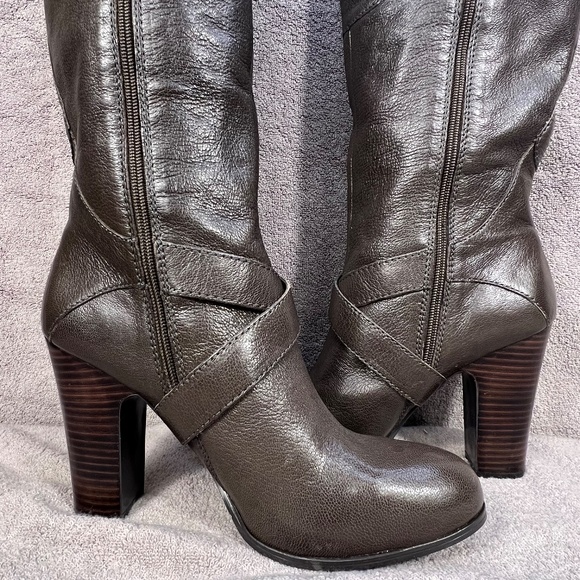 Nine West Millicento Pebbled Leather Heel Full Zip Buckle Knee Boots 10M Brown - Picture 4 of 14
